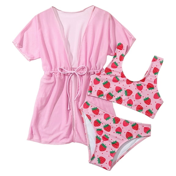 GYRATEDREAM Girls 3 Piece Bikini Swimsuit Set Kids Cute Strawberry Print Bathing Suit with Quick Dry Kimono Coverup Rose Red for 7-12Y