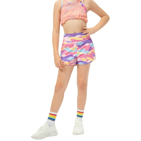 GYRATEDREAM Girls Athletic Shorts with Pockets, Basketball Soccer Running Cheer Gym Graffiti Active Short for Kids 5-12 Years