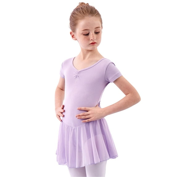 GYRATEDREAM Girls Ballet Leotards Dress Toddler Baby V Neck Short Sleeve Dance Outfits with Skirt Kids Teen Workout Gym Clothes with Back Bow for 2-16 Years