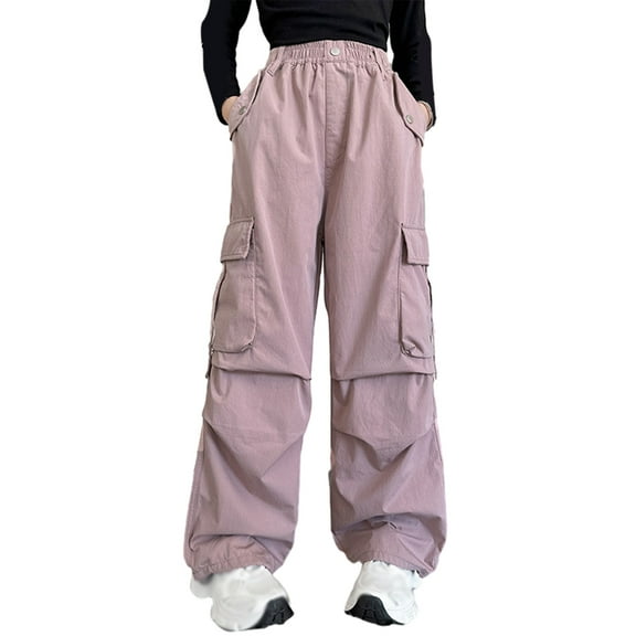 GYRATEDREAM Girls Cargo Pants Elastic Waist Casual Jogger Pants for Girls Streetwear Loose Parachute with Pockets 6-16Years