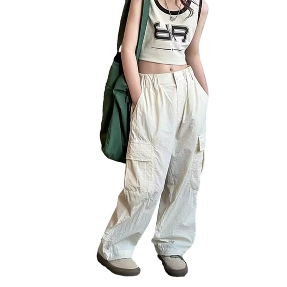 GYRATEDREAM Girls Cargo Pants Wide Leg Streetwear Kids Pants with Pockets Trendy Jogger Trousers 6-14 Years