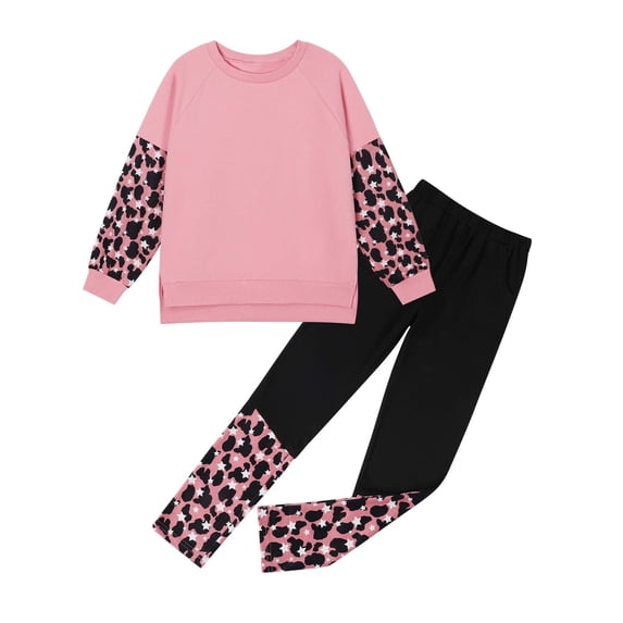 GYRATEDREAM Girls Clothes Leopard Patchwork Sweatshirt Elastic Waist Sweatpants with Pockets 2PCs Girls' Clothing Sets 6-14T