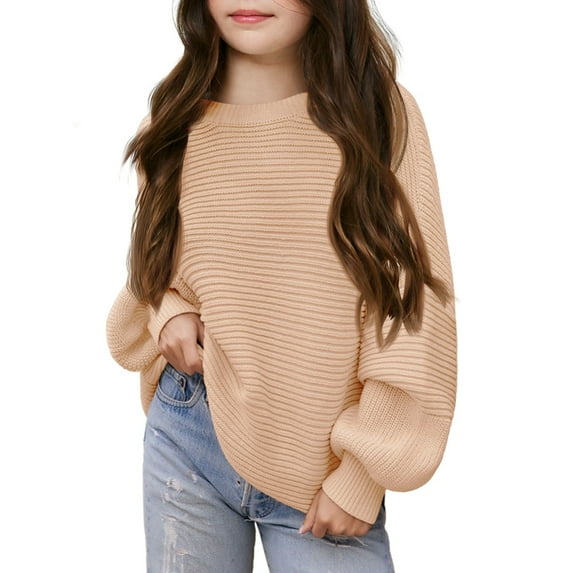 GYRATEDREAM Girls Crewneck Sweaters Kids Fall Long Sleeve Cute knit Pullover Shirts Tops for 7-14Y Beige