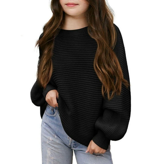 GYRATEDREAM Girls Crewneck Sweaters Kids Fall Long Sleeve Cute knit Pullover Shirts Tops for 7-14Y Black