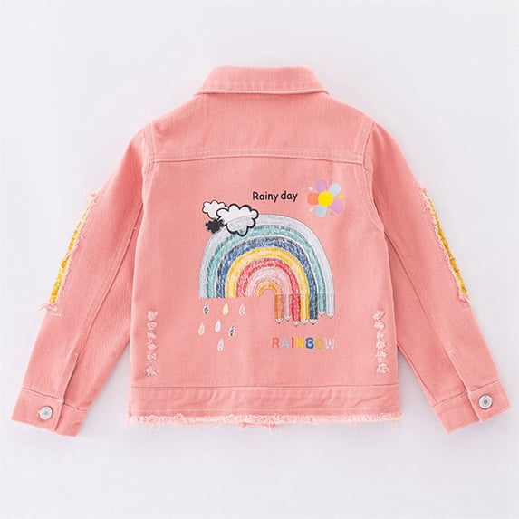 GYRATEDREAM Girls Denim Jacket, Rainbow Print Sequin Long Sleeve Button‑Down Distressed Jean Coat for Kids 5‑14T