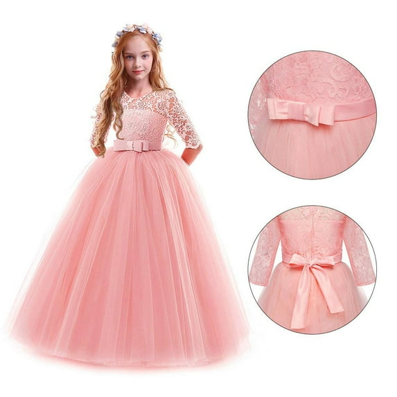 GYRATEDREAM Girls Dress Long Bridesmaid Wedding Tulle Dresses Sequin Lace Wedding Party Flower Dress Kids Tulle Prom Ball Gowns,Size 7-8 Years