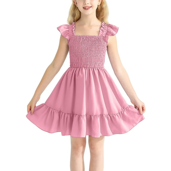 GYRATEDREAM Girls Dress Smocked Elastic Sundress Ruffle Sleeveless Dress Summer Beach Casual Dresses 6-13 Years