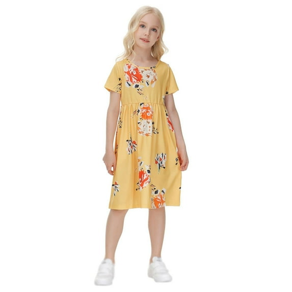 GYRATEDREAM Girls Floral Dress Crew Neck Short Sleeves Casual Summer Dresses for Kids 5-14Y