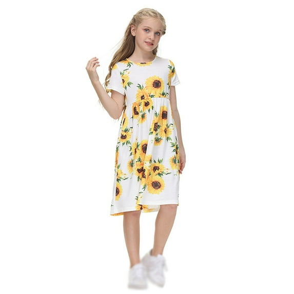 GYRATEDREAM Girls Floral Dress Crew Neck Short Sleeves Casual Summer Dresses for Kids 5-14Y