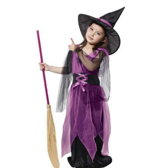 GYRATEDREAM Kids Witch Halloween Costume Halloween Costumes Witch Dress with Hat and Broom for Girls, Sweet Wizard Set for Toddler Halloween Themed Parties 3-13T Purple-B