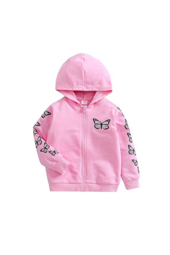 Girls Hooded Jacket Butterfly Zip Coat Little Girls Jacket Lightweight Adorable Outerwear For Spring & Autumn for 5-6Y Pink