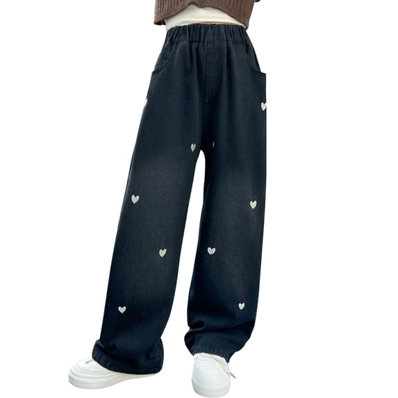 GYRATEDREAM Girls Jeans Pants Wide Leg Denim Pant Ripped High Waist Elastic Band Casual Sweatpants with Pockets Kids for 5-13Y