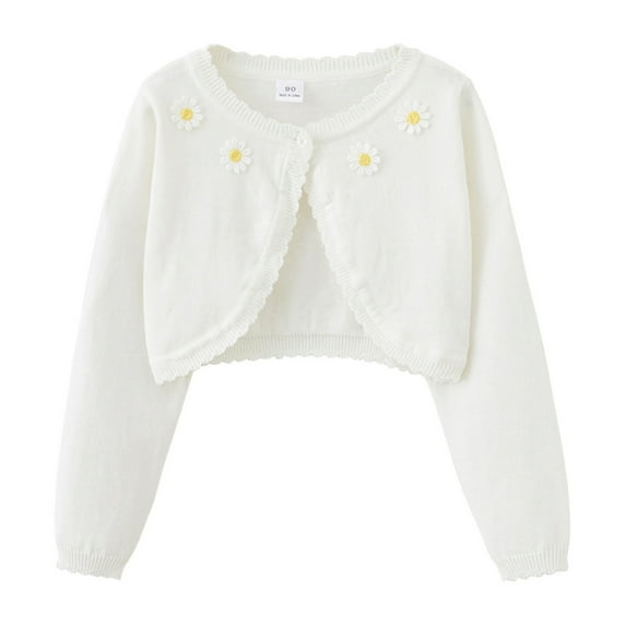 GYRATEDREAM Girls' Knitted Bolero Cardigan Sweater Kids Long Sleeve Button Closure Cropped Knitwear Cover Up for 1-2Y White