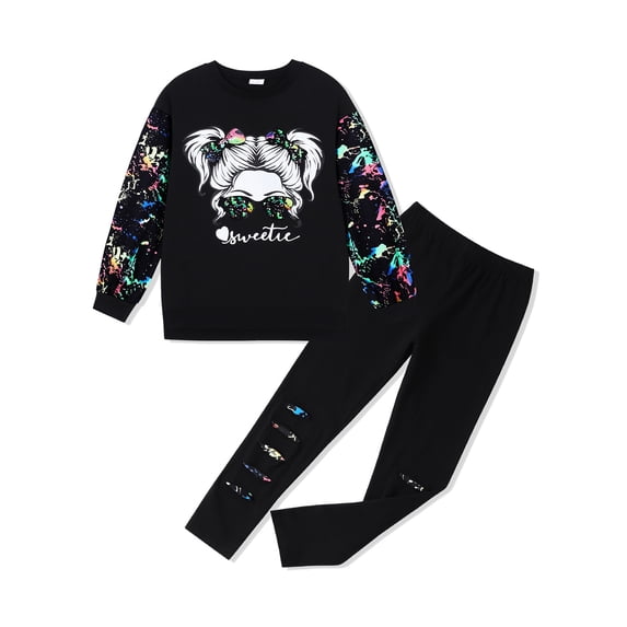 GYRATEDREAM Girls Leopard 2 Piece Outfit Long Sleeve Graphic Sweatshirt Cut Out Leggings Kids Clothes Set 6-14Y