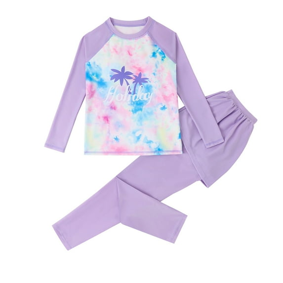 GYRATEDREAM Girls Long Sleeve Rashguard Swimsuit Set UPF50 Two Piece Tie-dye Print Top and Skirted Pants Swim Set 8-14 Years