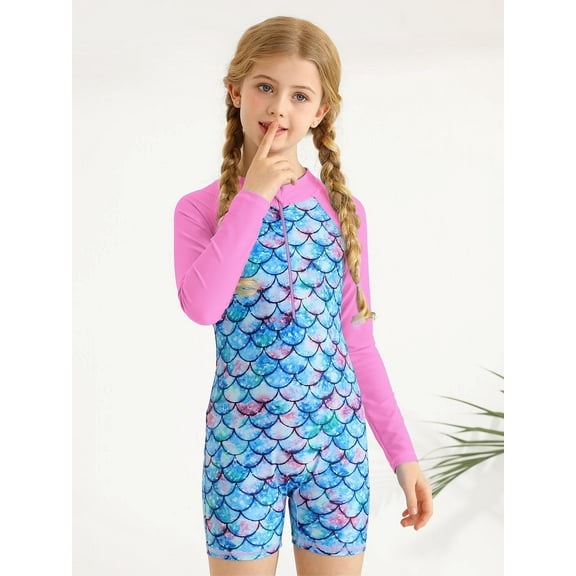 GYRATEDREAM Girls Mermaid Zip Rash Guard Swimwear UPF 50+ Long Sleeve Bathing Suit Swimsuit 4-9 Years