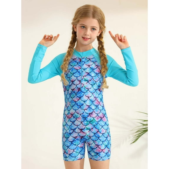 GYRATEDREAM Girls Mermaid Zip Rash Guard Swimwear UPF 50+ Long Sleeve Bathing Suit Swimsuit 4-9 Years