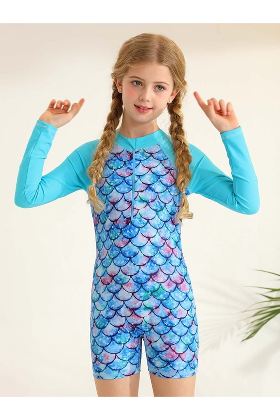 Girls Mermaid Zip Rash Guard Swimwear UPF 50+ Long Sleeve Bathing Suit Swimsuit 4-9 Years