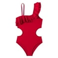 thumbnail image 1 of GYRATEDREAM Girls One Piece Swimsuit One Shoulder Ruffle Trim Cut Out Bathing Suit Kids Solid Color Monokini Swimwear Red for 5-14Y, 1 of 8