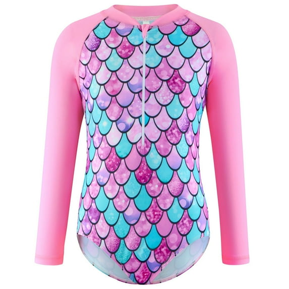 GYRATEDREAM Girls One Piece Swimsuits Long Sleeve Rash Guard Kids Zipper Swimwear Bathing Suit UPF 50+ Sun Protection, 5-6 Years