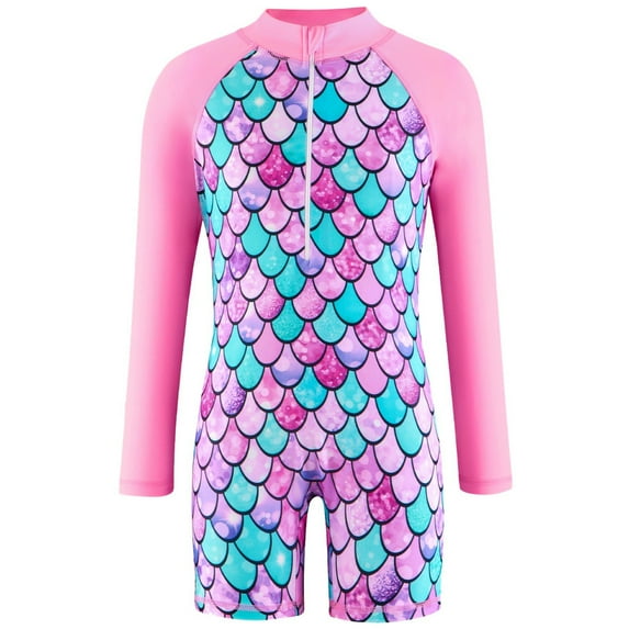 GYRATEDREAM Girls One Piece Swimsuits Long Sleeve Rash Guard for Kids Girls UPF 50+ Sun Protection Zipper Bathing Suit Surfing Swimwear, 5-6 Years