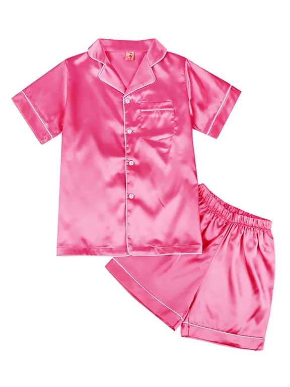 Girls Pajamas Satin Pajama Set Silk Pjs Short Sleeve Sleepwear, Gift for Sleepover Parties Kids 4-14T