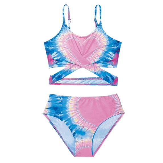 GYRATEDREAM Girls Print Swimsuit 2-Piece Adjustable Spaghetti Straps Criss Cross Tankini Set Beach Sport Bathing Suit Swimwear Bikini Set Kids Child 7 Years-11 Years