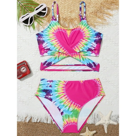GYRATEDREAM Girls Print Swimsuit 2-Piece Adjustable Spaghetti Straps Criss Cross Tankini Set Beach Sport Bathing Suit Swimwear Bikini Set Kids Child 7 Years-11 Years