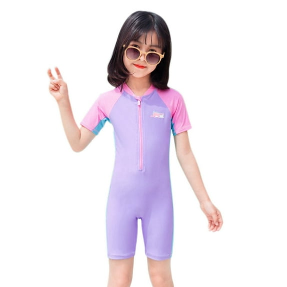 GYRATEDREAM Girls Rash Guard One Piece Swimsuits Kid Water Sport UPF 50+ Short Sleeve Zipper Swimsuit Bathing Suit for 2XL Purple