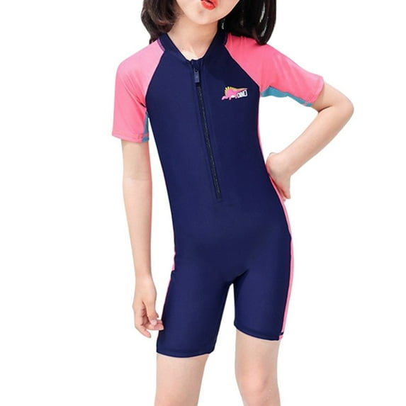 GYRATEDREAM Girls Rash Guard One Piece Swimsuits Kid Water Sport UPF 50+ Short Sleeve Zipper Swimsuit Bathing Suit for 3XL Dark Blue