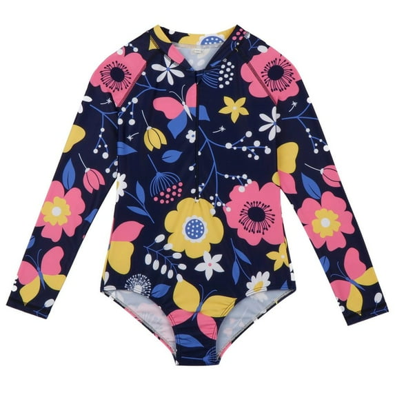 GYRATEDREAM Girls Rash Guard One Piece Swimsuits Long Sleeve UPF 50+ Zipper Bathing Suit Swimwear Beach Rashguard Size 5-6Y