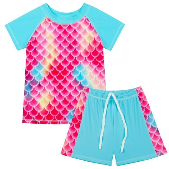 GYRATEDREAM Girls Rash Guard Swimsuit 2-Piece Bathing Suit UPF 50+ Summer Short Sleeve Beach Swimwear Set for 4-12Y Blue