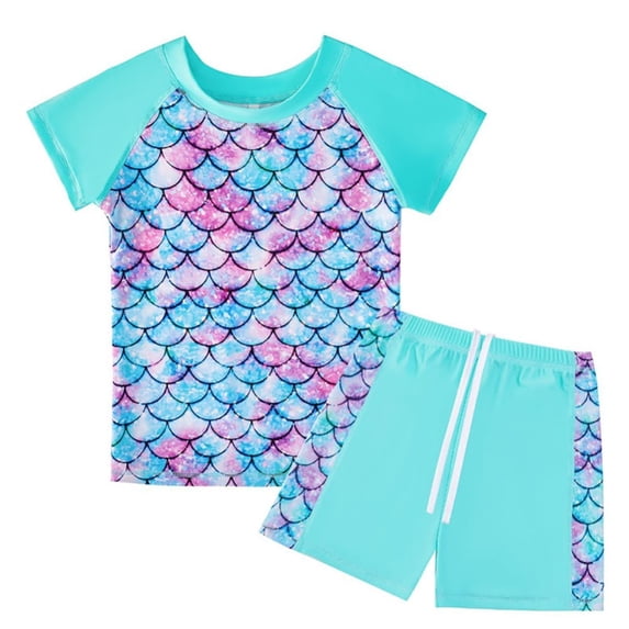 GYRATEDREAM Girls Rash Guard Swimsuit 2-Piece Bathing Suit UPF 50+ Summer Short Sleeve Beach Swimwear Set for 6-7Y Green-C