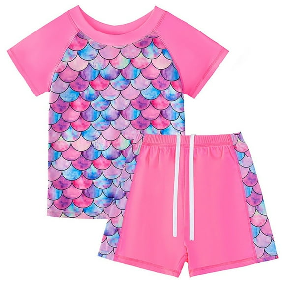 GYRATEDREAM Girls Rash Guard Swimsuit 2-Piece Bathing Suit UPF 50+ Summer Short Sleeve Beach Swimwear Set for 6-7Y Pink