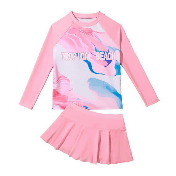 GYRATEDREAM Girls Rash Guard Two Pieces Bathing Suit Long Sleeve Swimsuit Swimming Skirt with Shorts Swimwear 8-14 Years