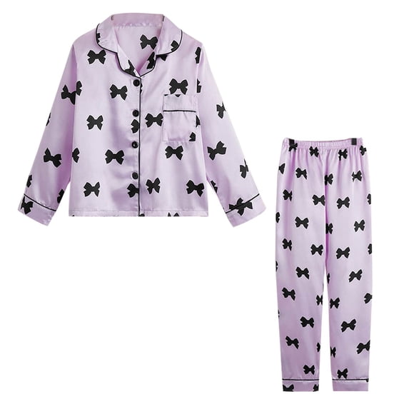 GYRATEDREAM Girls Satin Pajama Set, Bow Print Long Sleeve Button‑Down Sleepwear, 2‑Piece Kids PJs for 7‑14T