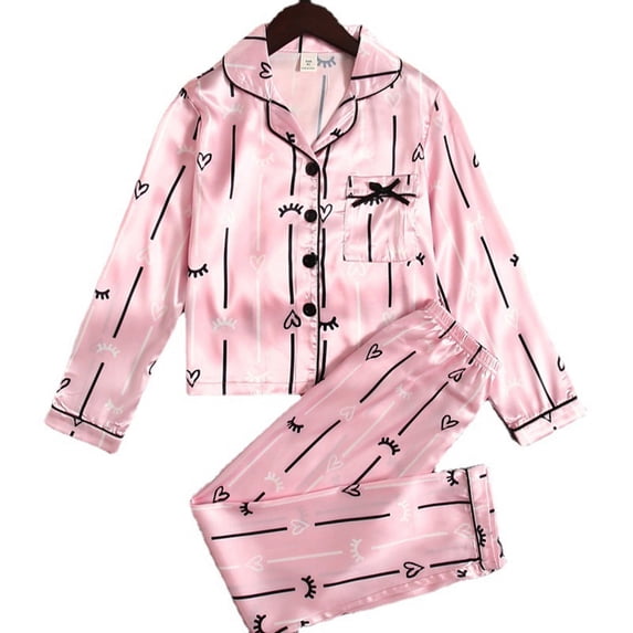 GYRATEDREAM Girls Satin Pajama Set, Bow Print Long Sleeve Button‑Down Sleepwear, 2‑Piece Kids PJs for 7‑14T