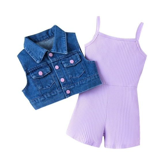 GYRATEDREAM Girls Sleeveless Flap Pocket Denim Vest with Knitted Short Jumpsuit Romper Set 2 Piece Outfit for 6Y Purple
