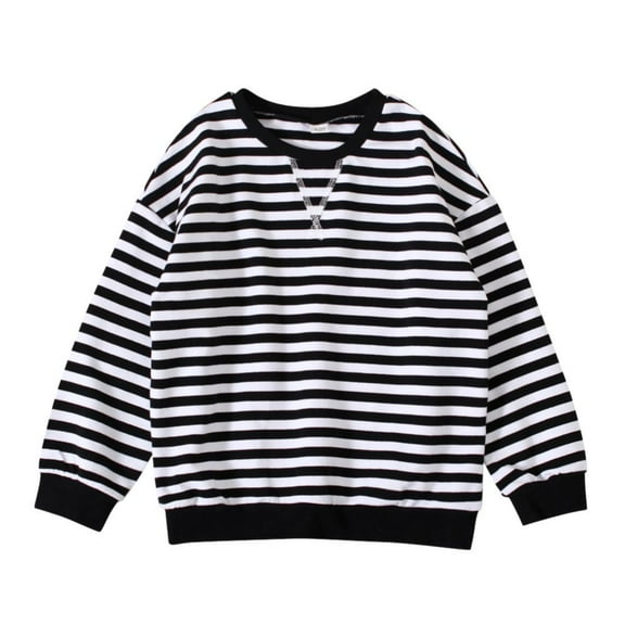 GYRATEDREAM Girls Striped Crewneck Sweatshirt Kids Cotton Long Sleeve Oversized Fashion Pullover Tops Children Fall Winter Clothes Black for 6-14Y