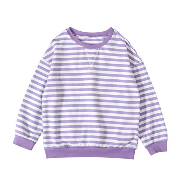 GYRATEDREAM Girls Striped Crewneck Sweatshirt Kids Cotton Long Sleeve Oversized Fashion Pullover Tops Children Fall Winter Clothes Purple for 6-14 Years