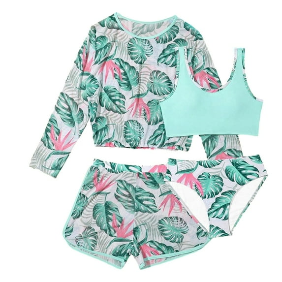 GYRATEDREAM Girls' Summer Bikini Swimsuit 4-Piece Bathing Set with Long Sleeve Cover-Up Top + Quick-Dry Swim Shorts Swimwear Tankini Set for Beach, Pool, and Outdoor Play for 8-11Y