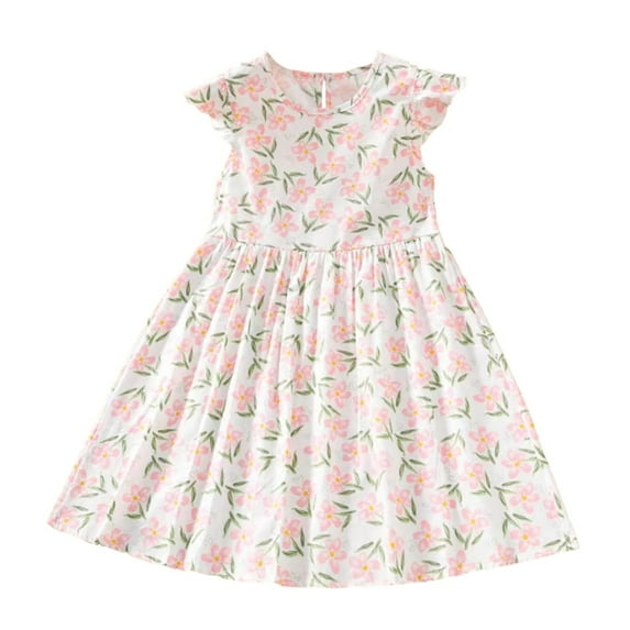 GYRATEDREAM Girls Summer Dress Floral Crewneck Cute Fancy Princess Dress Casual Flowy Short Sleeve Midi Dress for 15-16Y Light Pink