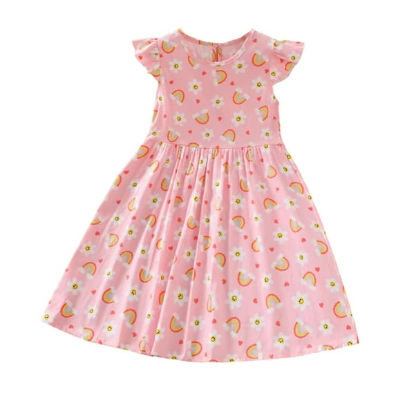 GYRATEDREAM Girls Summer Dress Floral Crewneck Cute Fancy Princess Dress Casual Flowy Short Sleeve Midi Dress for 7-8Y Rose Red