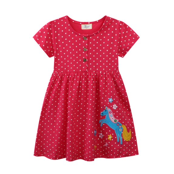 GYRATEDREAM Girls Summer Dress Unicorn Print Short Sleeve A Line Casual Elegant Dresses Sundress Princess Cake Dress for 6T Red