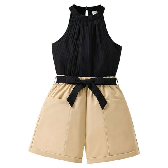 GYRATEDREAM Girls Summer Outfits Sleeveless Halter Top and Shorts Set Kids 2Pcs Clothes Set with Bow Belt for 11-12Y