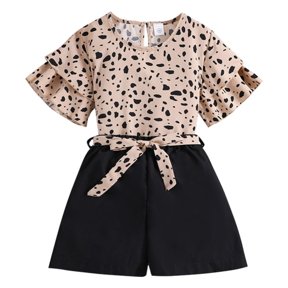 GYRATEDREAM Girls Summer Shorts Outfits Set Leopard Print Short Ruffle Sleeve Top and Shorts Set with Bow Belt for 10Y