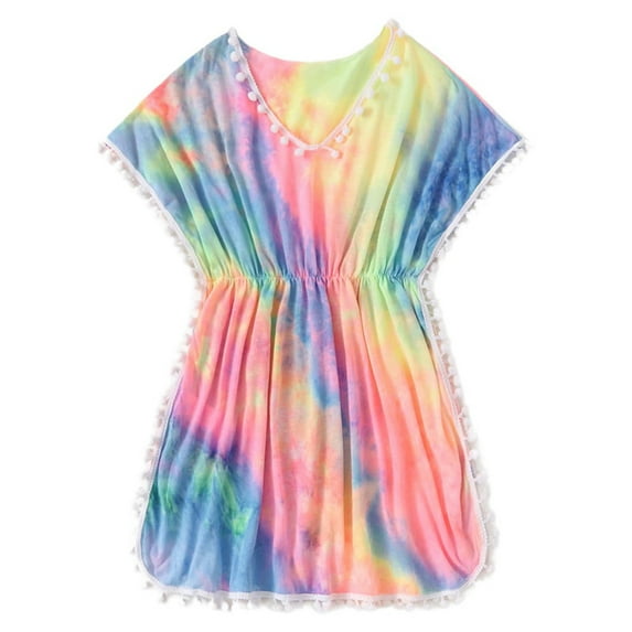 GYRATEDREAM Girls Swim Cover Up Beach Swimwear Coverup Swimsuit Wraps with Pom Pom Trim 7-11 Years
