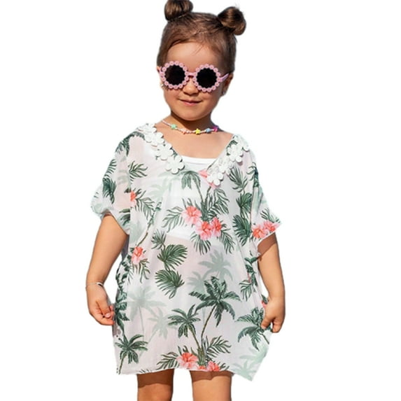 GYRATEDREAM Girls Swim Cover-Up V Neck Short Sleeve Tropical Floral Print Beach Sundress Kids Child Summer Poncho Rash Guards 7 Years-11 Years