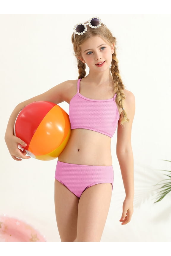 Girls Swimsuits 2 Piece Bikini Set Spaghetti Strap High Waisted Bathing Suit Girls' Swimwear with Chest Pad