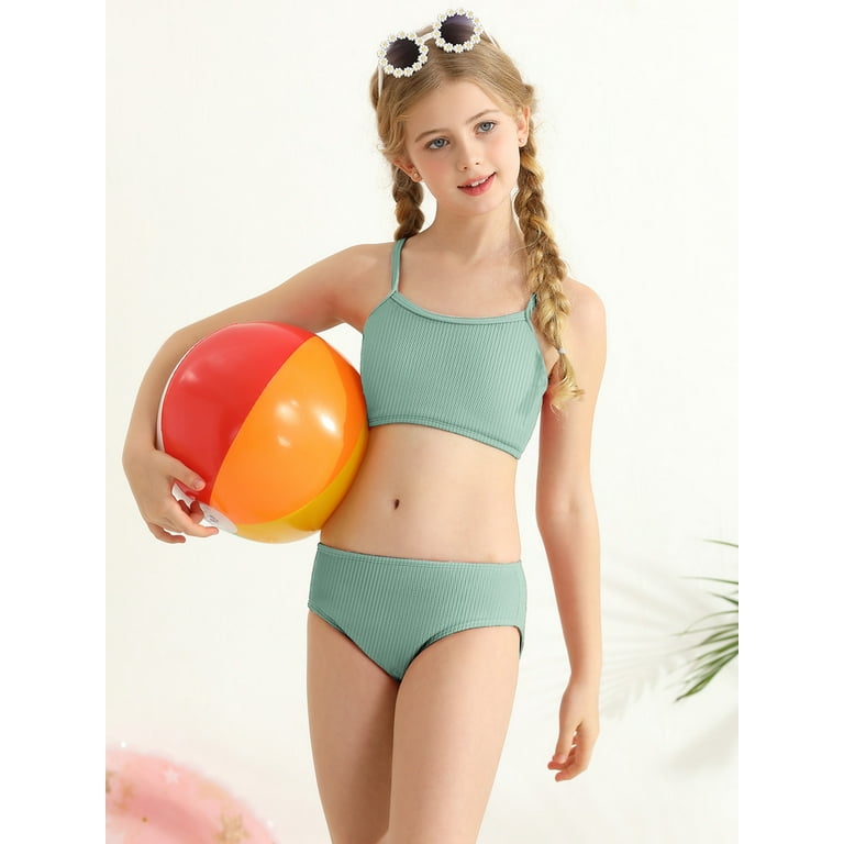 GYRATEDREAM Girls Swimsuit 2 Piece High Waisted Spaghetti Strap Swimwear Bathing Suit Bikini Sets with Chest Pad 12 13 Years